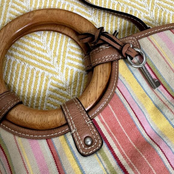 Fossil Canvas Leather Wood Satchel Purse Bag Double Handle Stripe bv - Picture 3 of 11